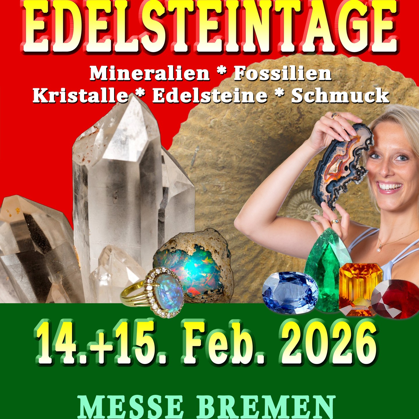 ✨ Neu bei den Edelsteintagen Bremen 2026: Geodenknacken & Live-Schleifen! ✨
Die Edelsteintage Bremen am 14. & 15. Februar 2026 haben einiges Neues zu bieten! 😍 Neu in diesem Jahr: Geodenknacken – kommt vorbei und öffnet selbst die geheimen "Überraschungseier" der Natur! Wer weiß, welche glitzernden Kristalle in den Geoden auf euch warten? Ein echtes Erlebnis für Entdecker und Naturfreunde!
Ein Schleifer aus Idar-Oberstein zeigt live, wie aus einem ungeschliffenen Rohstein ein facettierter Edelstein entsteht – ein faszinierender Prozess, den ihr hautnah erleben könnt! 🔪✨
👉 Sichert euch jetzt eure Tickets zum ermäßigten Early-Bird Preis – aber nur bis zum 31. Januar 2026!
https://eventfrog.de/de/p/maerkte/sonstige-maerkte/edelsteintage-bremen-2026-7352961106023848981.html 🎟️
Und das Beste: Kinder bis 14 Jahre haben freien Eintritt, wenn sie von einem Erwachsenen begleitet werden! 👨👩👧👦💖
#EdelsteintageBremen #SchätzeDerErde #Geodenknacken #Schleifen #Familienevent #Edelsteine #Mineralien #Fossilien #Kristalle #Mineralienmesse2026 #VeranstaltungenBremen